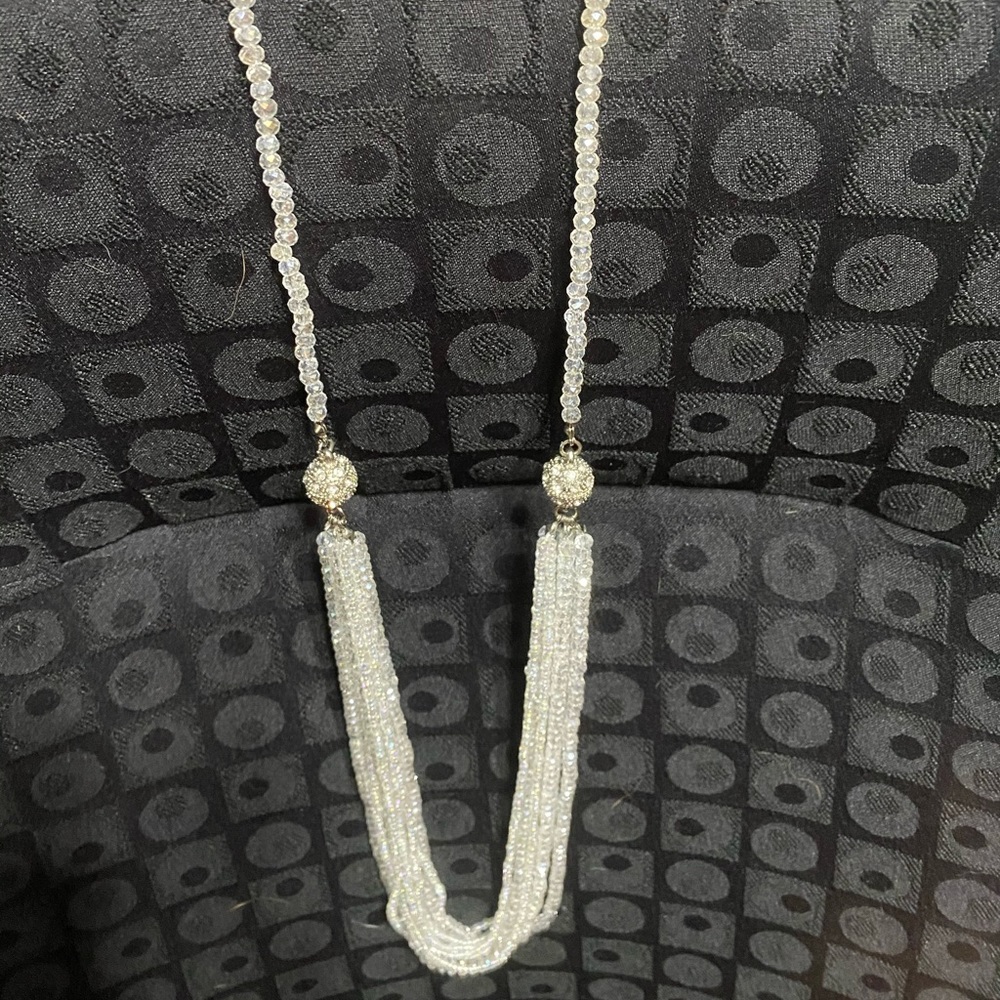 White beaded necklace with silver rhinestone balls